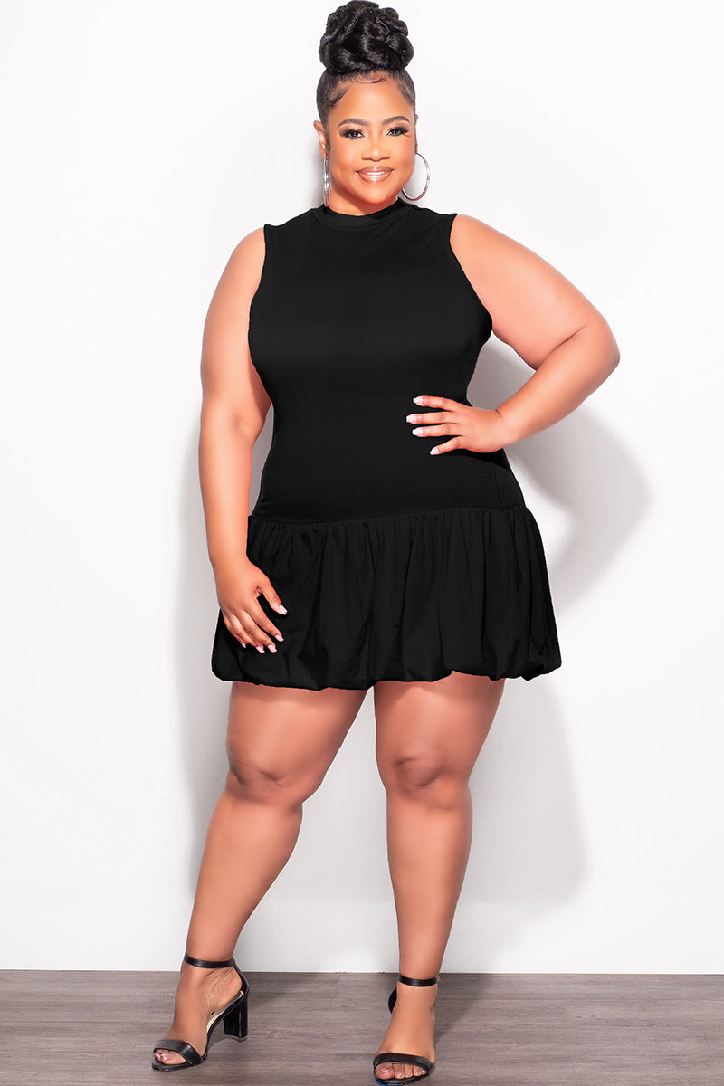 Final Sale Plus Size Cotton Sleeveless Bubble Mini Dress in Black