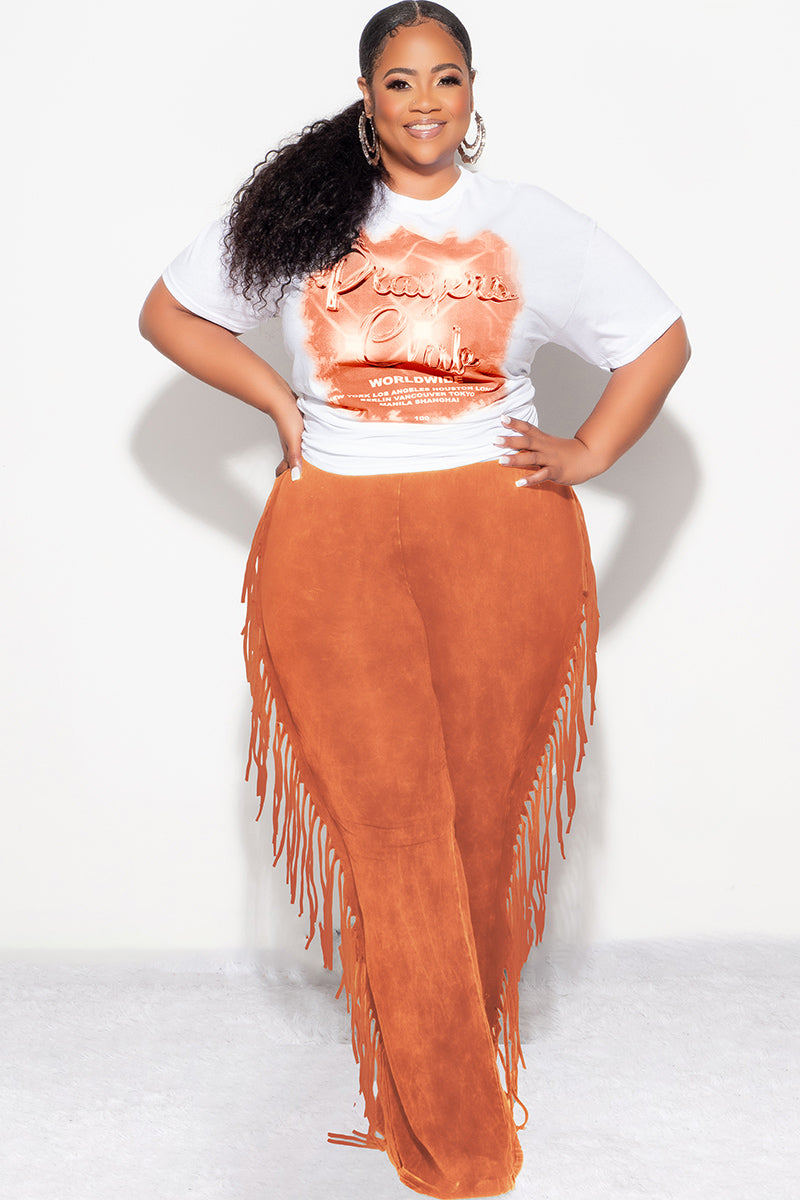 Final Sale Plus Size High Waist Fringe Trim Pants in Rust Mineral