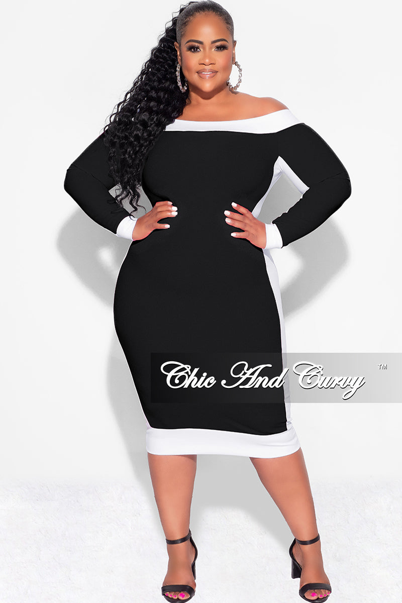 Final Sale Plus Size Off the Shoulder BodyCon Dress in Black with Whit