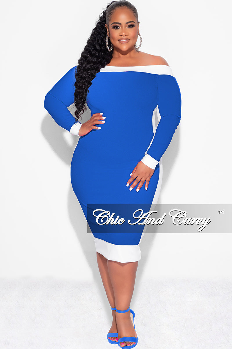 Final Sale Plus Size Off the Shoulder BodyCon Dress in Royal with White Trim - 2x 18/20 Final Sale Plus Size Off the Shoulder BodyCon Dress in Royal with White Trim - 2x 18/20