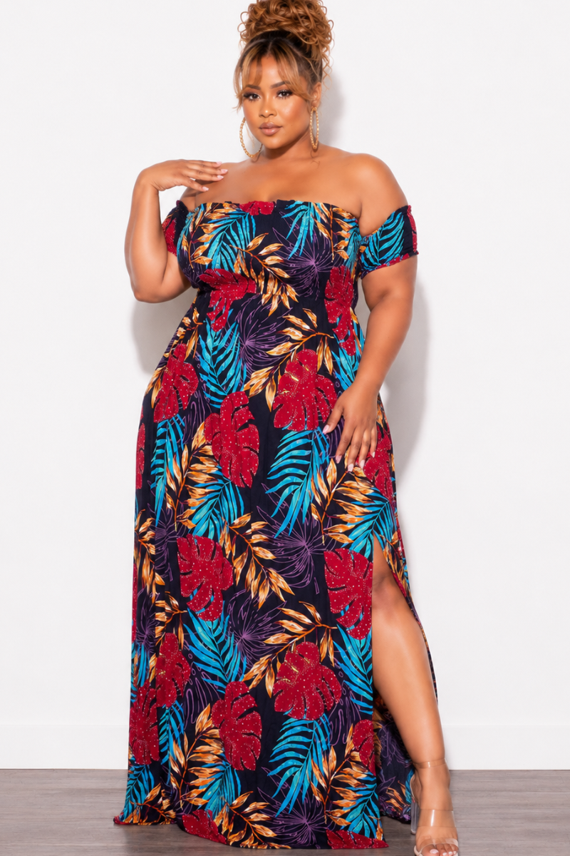 Final Sale Plus Size Sleeveless Frill Tiered Maxi Dress in Multi Color Leaf Print