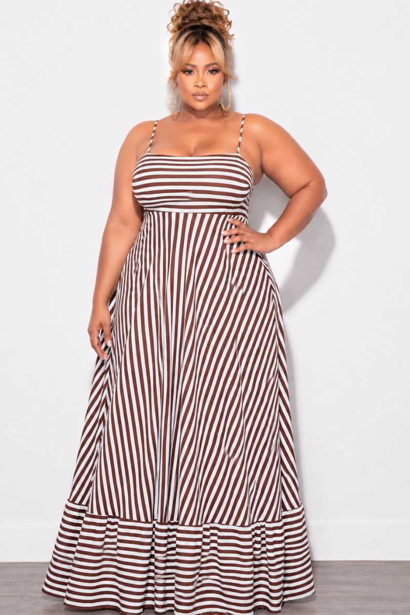 Final Sale Plus Size Frill Spaghetti Strap Maxi Dress in White and Brown Stripe Print - 1x 14/16 Final Sale Plus Size Frill Spaghetti Strap Maxi Dress in White and Brown Stripe Print - 1x 14/16