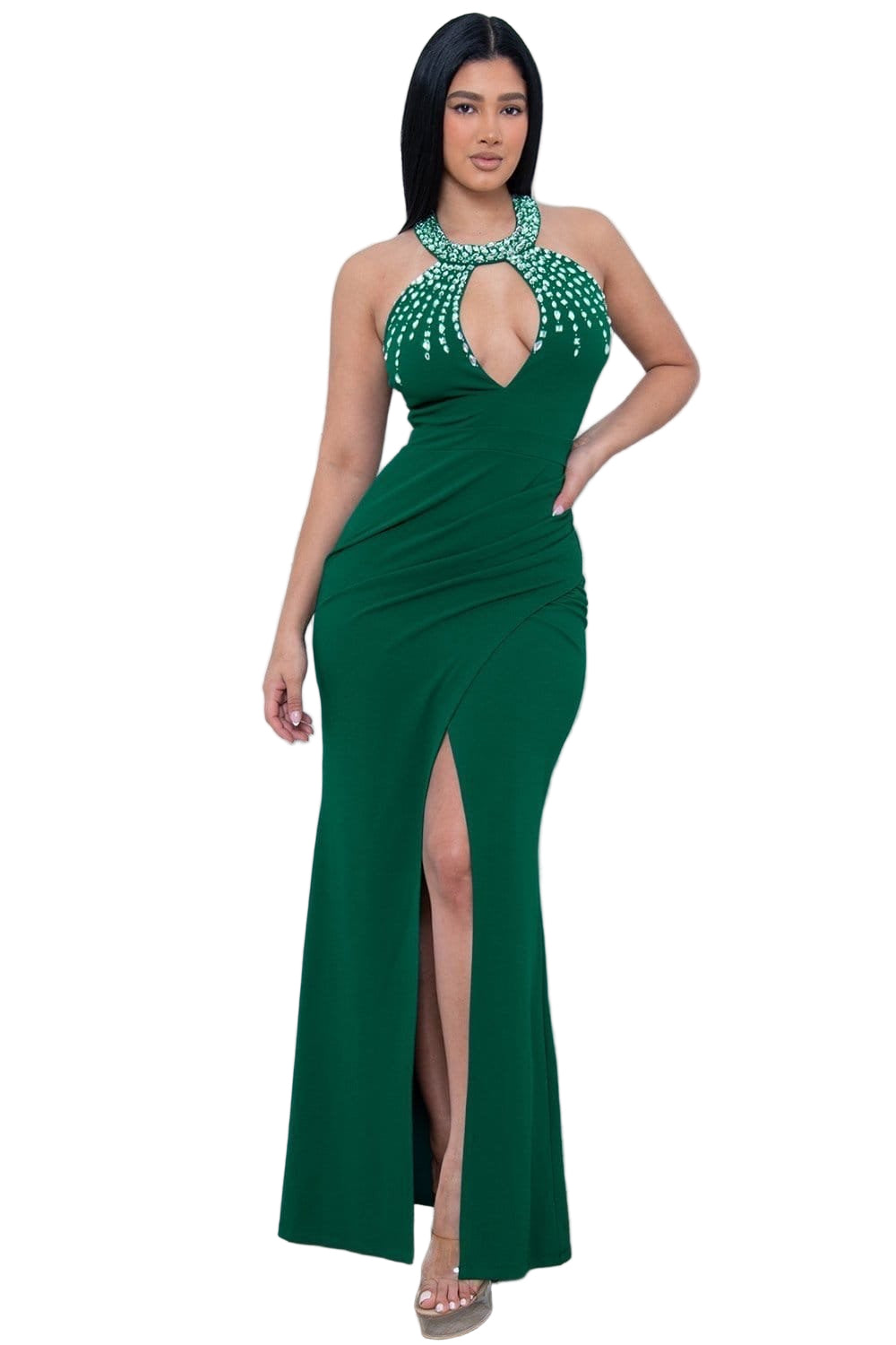 Final Sale Halter CutOut Rhinestone Gown in Green - L Final Sale Halter CutOut Rhinestone Gown in Green - L