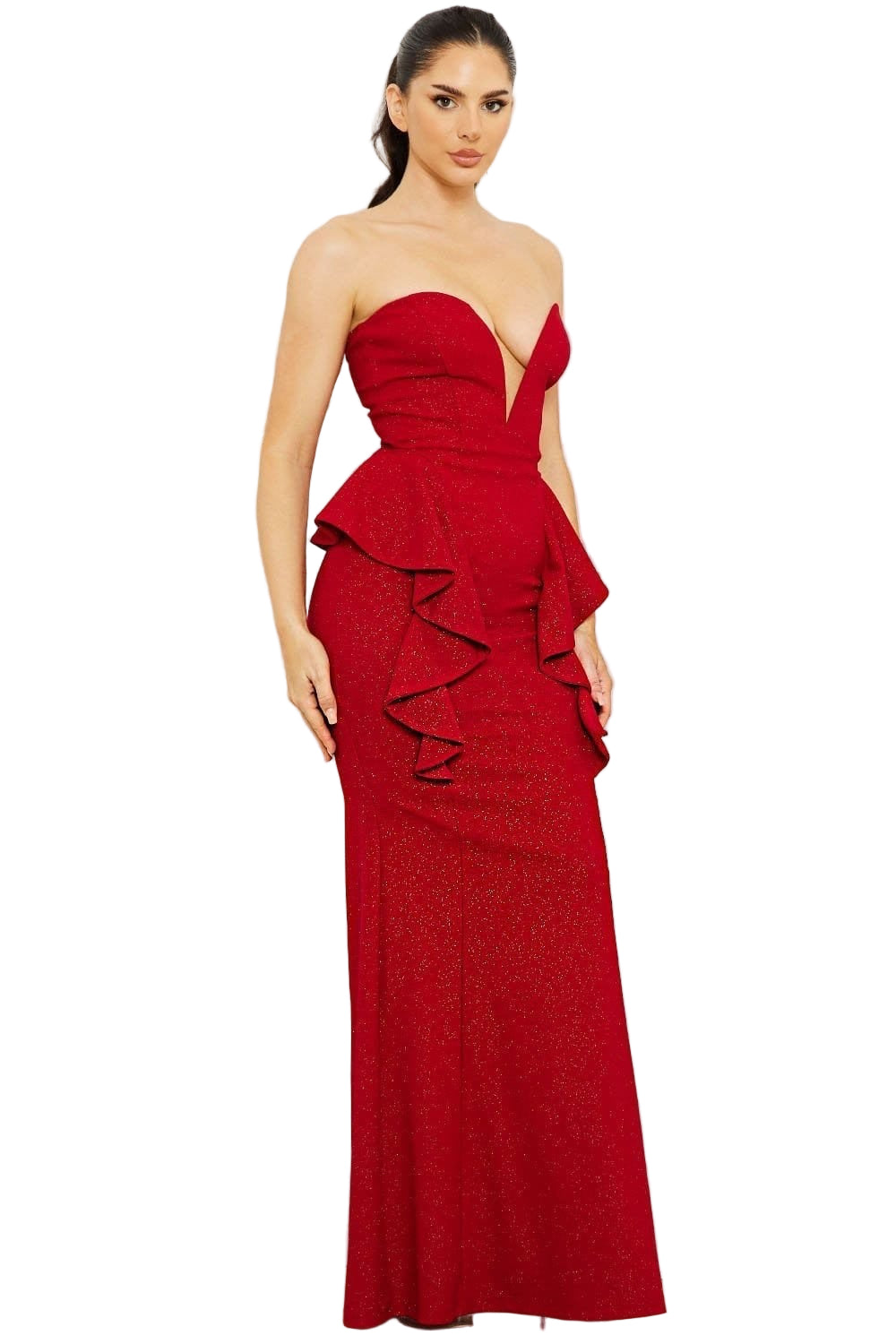 Final Sale Strapless Deep V Glitter Gown with Side Ruffles in Red - L Final Sale Strapless Deep V Glitter Gown with Side Ruffles in Red - L