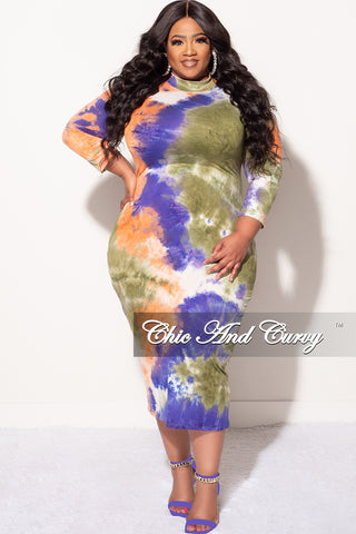 Final Sale Plus Size  Bodycon Dress w/ Mid Sleeves and Tie in Green, Orange, Blue Tie Dye