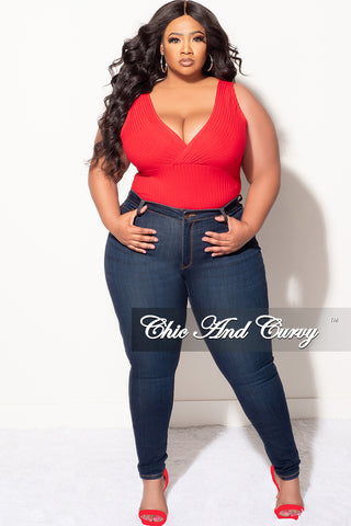 Final Sale Plus Size Ribbed Faux Wrap Sleeveless Bodysuit in Red