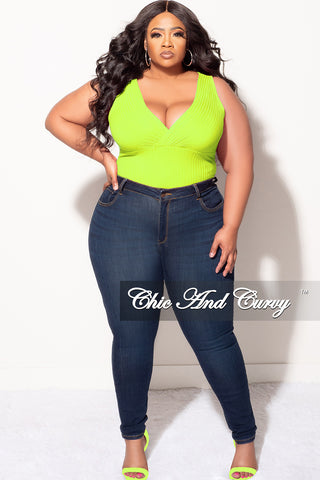 Final Sale Plus Size Ribbed Faux Wrap Sleeveless Bodysuit in Neon Green