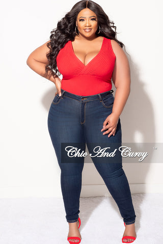 Final Sale Plus Size Ribbed Faux Wrap Sleeveless Bodysuit in Red