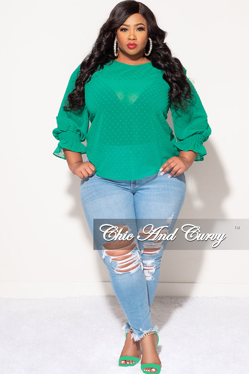 Final Sale Plus Size Chiffon Sheer Top with Dot Embossing in Green