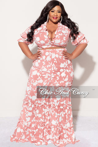 Final Sale Plus Size 2pc Long Sleeve Crop Tie Top and Pants Set in Pink & Off White
