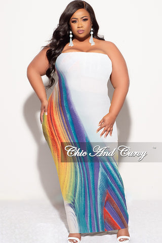Final Sale Plus Size Strapless Tube BodyCon Dress with Back Slit Off White/Blue Multi Color Print