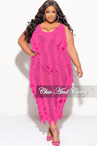 Final Sale Plus Size Sleeveless Sheer Ruffle Midi Dress in Pink