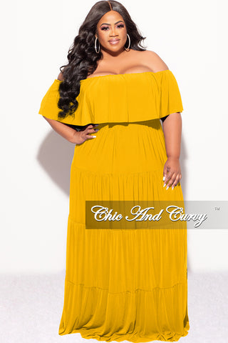 Final Sale Plus Size Off The Shoulder Tiered Maxi Dress in Mustard