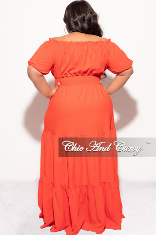 Final Sale Plus Size Off the Shoulder Frill Tiered Maxi Dress with Slit in Orange