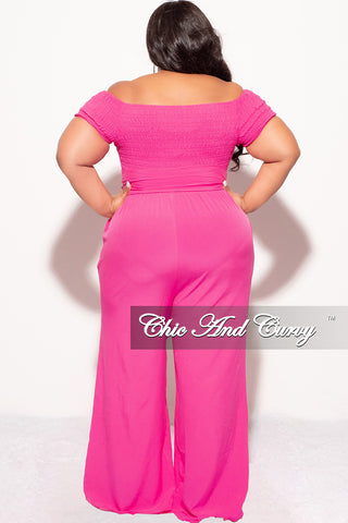 Final Sale Plus Size Short Sleeve Frill Jumpsuit with Attached Tie in Fuchsia