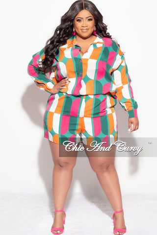 Final Sale Plus Size 2pc Collar Button Up Top And Short Set In Multi Color Print