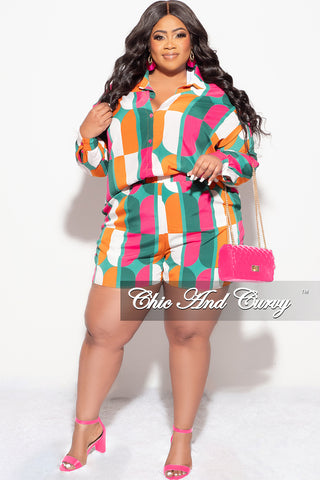 Final Sale Plus Size 2pc Collar Button Up Top And Short Set In Multi Color Print