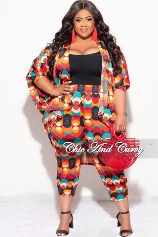 Final Sale Plus Size 2pc Cardigan and Pants Set in Multi Color Circle Print