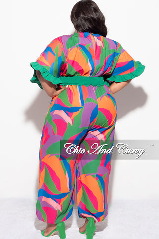 Final Sale Plus Size Chiffon Faux Wrap Jumpsuit in Multi Color Print