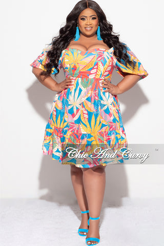Final Sale Plus Off the Shoulder Shirred Baby Doll Dress in Multi Color Tropical Print