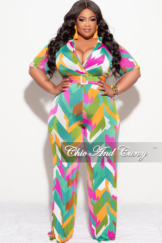 Final Sale Plus Size Collar Faux Wrap Jumpsuit with Belt in Multi Color "Zigzag" Print