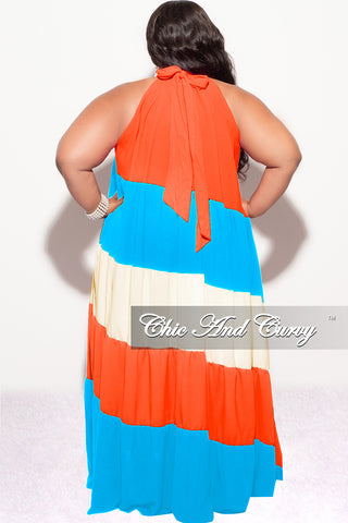 Final Sale Plus Size Halter Maxi Dress In Orange Turquoise and Cream