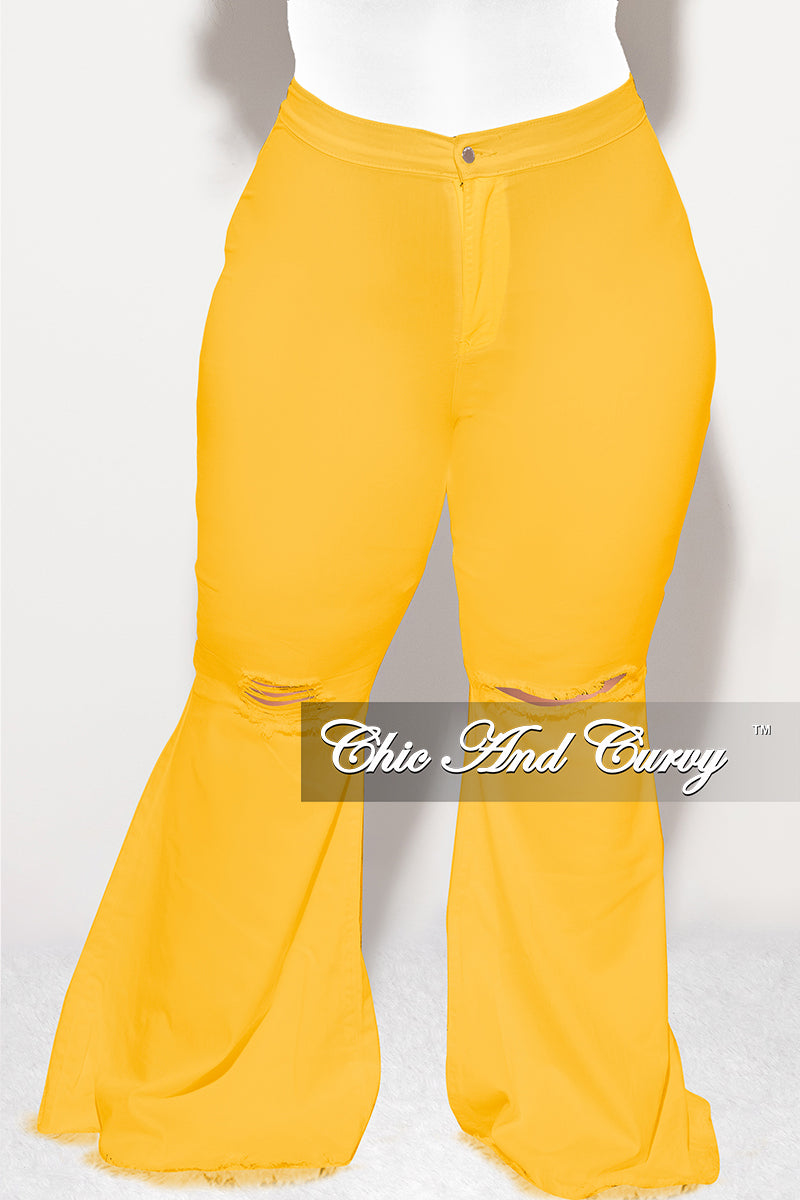 Final Sale Plus Size Wide Leg Denim Jeans with Distressed Knee in Mustard Yellow