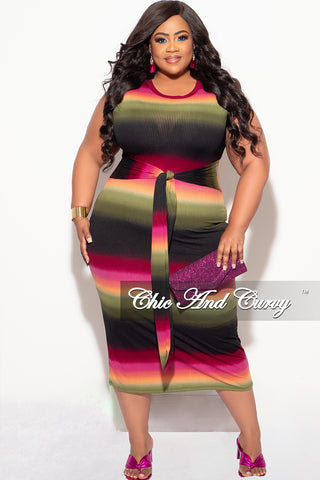 Final Sale Plus Size Light Ribbed Sleeveless Shoulder Pad Midi Dress with Waist Tie in Olive Multi Color Print