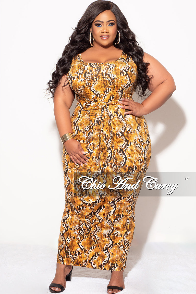 Final Sale Plus Size Sleeveless Maxi Dress with Waist Tie in Mustard and Black Snake Print