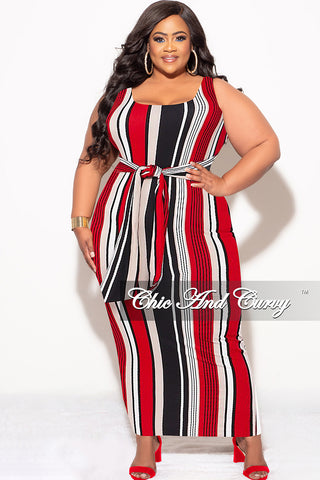 Final Sale Plus Size Sleeveless Maxi Dress with Waist Tie in Red Black and White Stripe Print