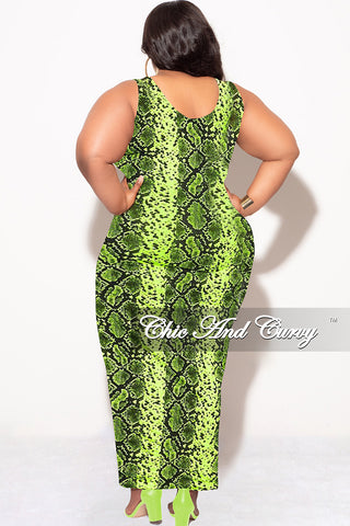 Final Sale Plus Size Sleeveless Maxi Dress with Waist Tie in Neon Green and Black Snake Print