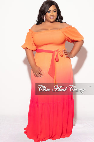 Final Sale Plus Size Chiffon Frill Tiered Maxi Dress with Tie in Orange and Fuchsia