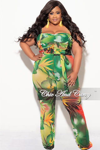Final Sale Plus Size Sheer Ruched Jumpsuit in Green Tropical Print