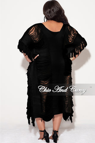 Final Sale Plus Size Distressed Sweater Midi Fringe Dress in Black