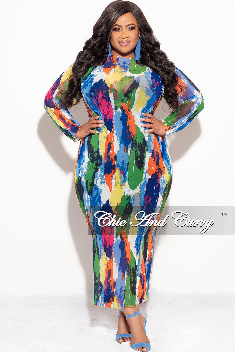Final Sale Plus Size Reversible BodyCon Dress In Mesh with Multi-Color Paint Print