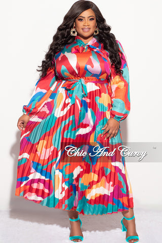 Final Sale Plus Size Neck Tie Pleated Dress in Multi Color Design Print