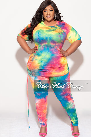 Final Sale Plus Size 2-Piece Set Side Ruching Top & Pants in Rainbow Tie Dye Print