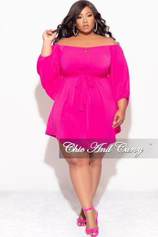 Final Sale Plus Size Off the Shoulder Front Keyhole Mini Dress with Tie in Fuchsia