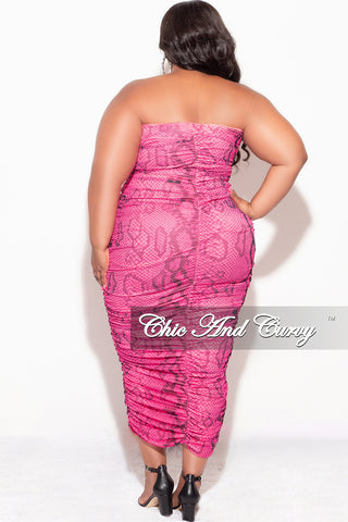 Final Sale Plus Size Strapless Ruched BodyCon Dress in Pink Snake Skin Print