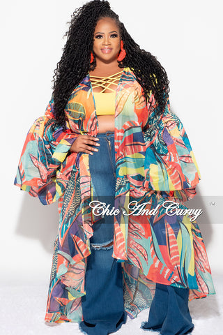 Final Sale Plus Size Ruffle Sleeve Kimono Duster in Multi Color Tropical Print
