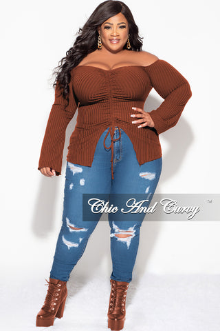 Final Sale Plus Size Ribbed Off the Shoulder Bell Sleeve Top in Brown