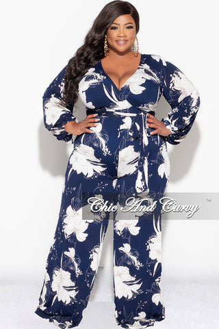 Final Sale Plus Size Faux Wrap Jumpsuit with Tie in Navy and White Floral Print