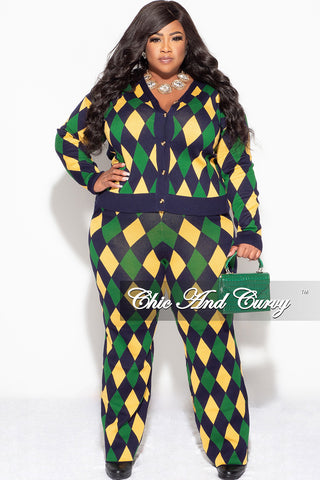 Final Sale Plus Size 2pc Button Up Sweater and Pant Set In Green and Yellow Diamond Print
