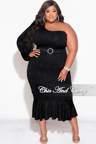 Final Sale Plus Size Shimmer One Shoulder Midi Dress with Bottom Ruffle in Black