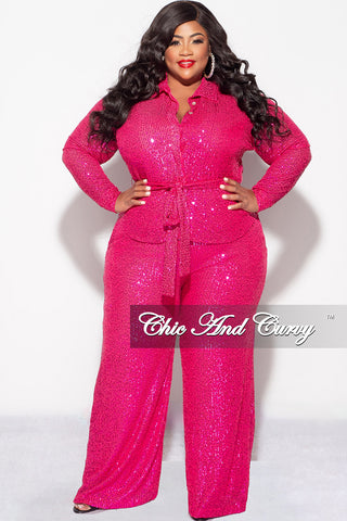 Final Sale Plus Size 2pc Button Up Sequin Collar Top and Pants Set in Fuchsia
