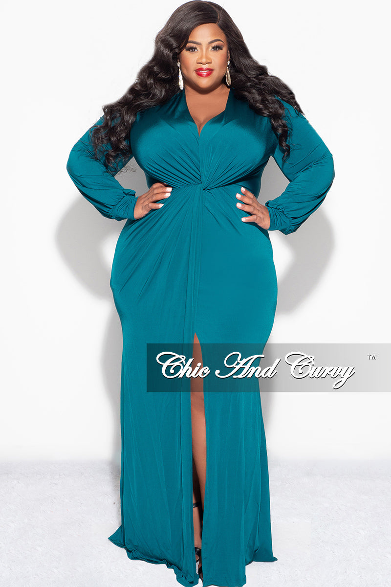 Final Sale Plus Size V-Neck Gown with Twist Front Waist in Emerald