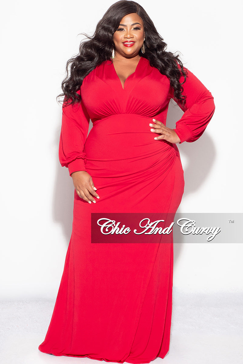 Final Sale Plus Size V-Neck Gown with Ruched Overlay in Red – Chic