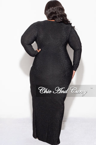 Final Sale Plus Size V-Neck Gown with Ruched Center & Ruffle in Black Glitter Lurex Fabric