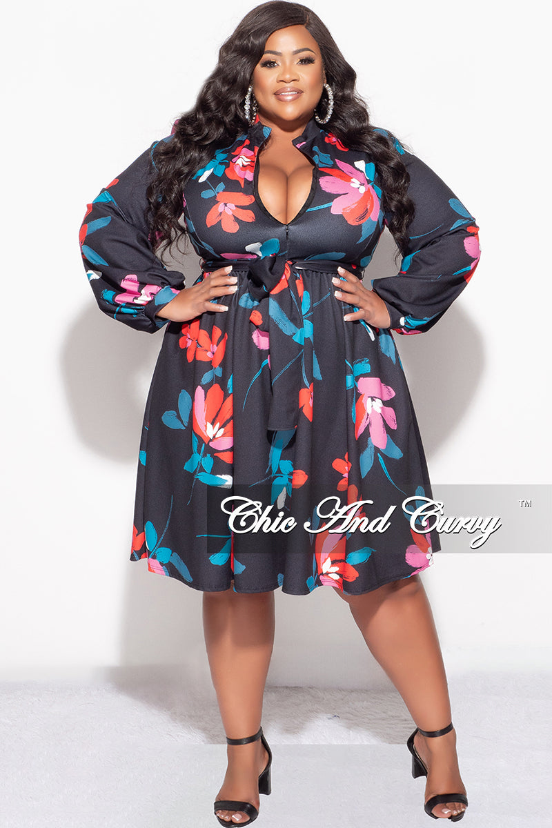 Final Sale Plus Size Zip Up Baby Doll Dress with Waist Tie in Black Floral Print