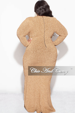 Final Sale Plus Size V-Neck Gown with Twisted Waist Band in Gold Foil Fabric